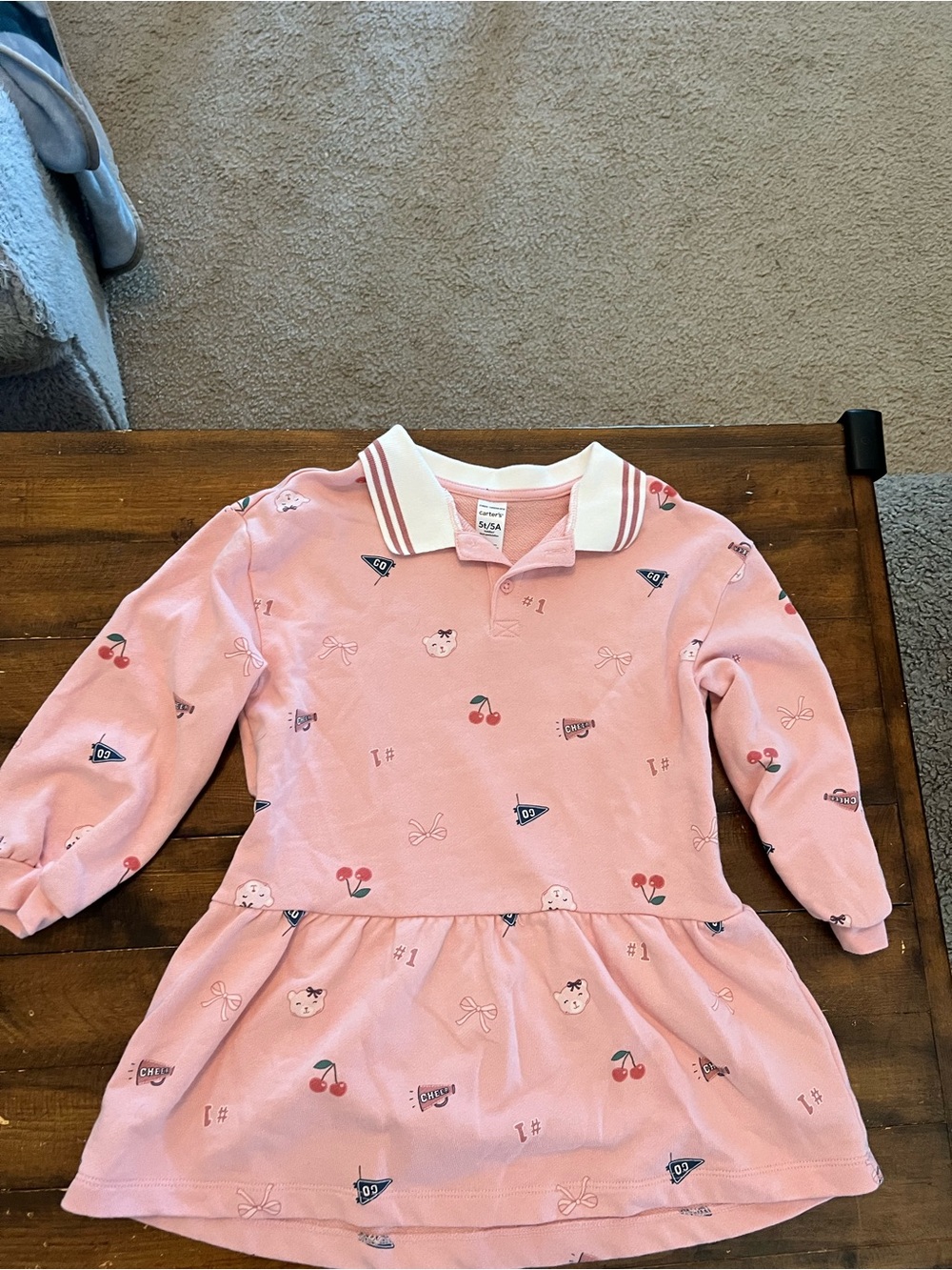 Carter's Pink Collared sweatshirt Knit Dress with Cherry & Bow Motifs